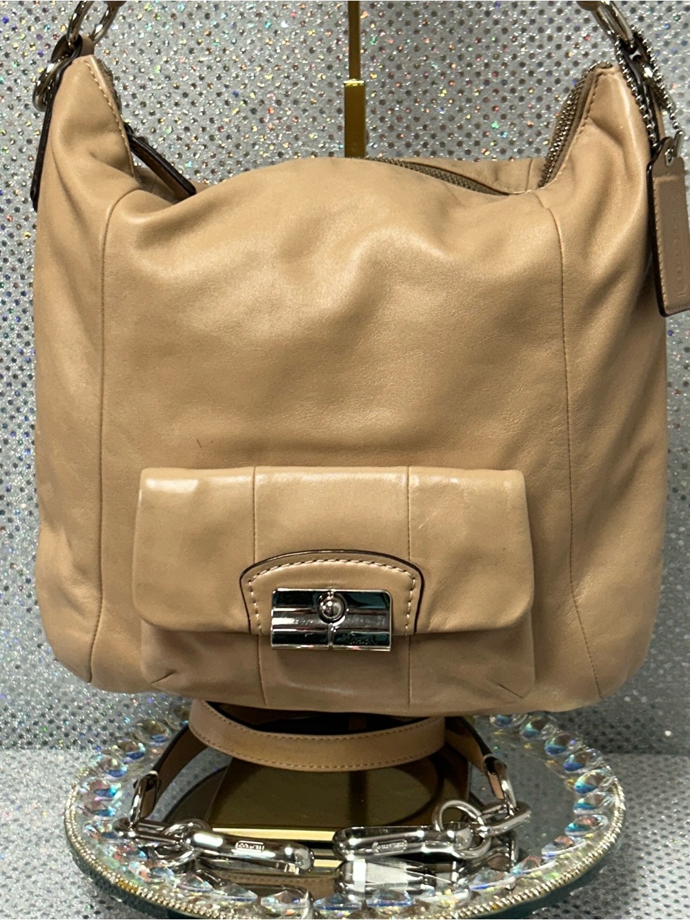 Coach Kristen Beige Leather Two-Way Bag Approx. 14 x 12.5